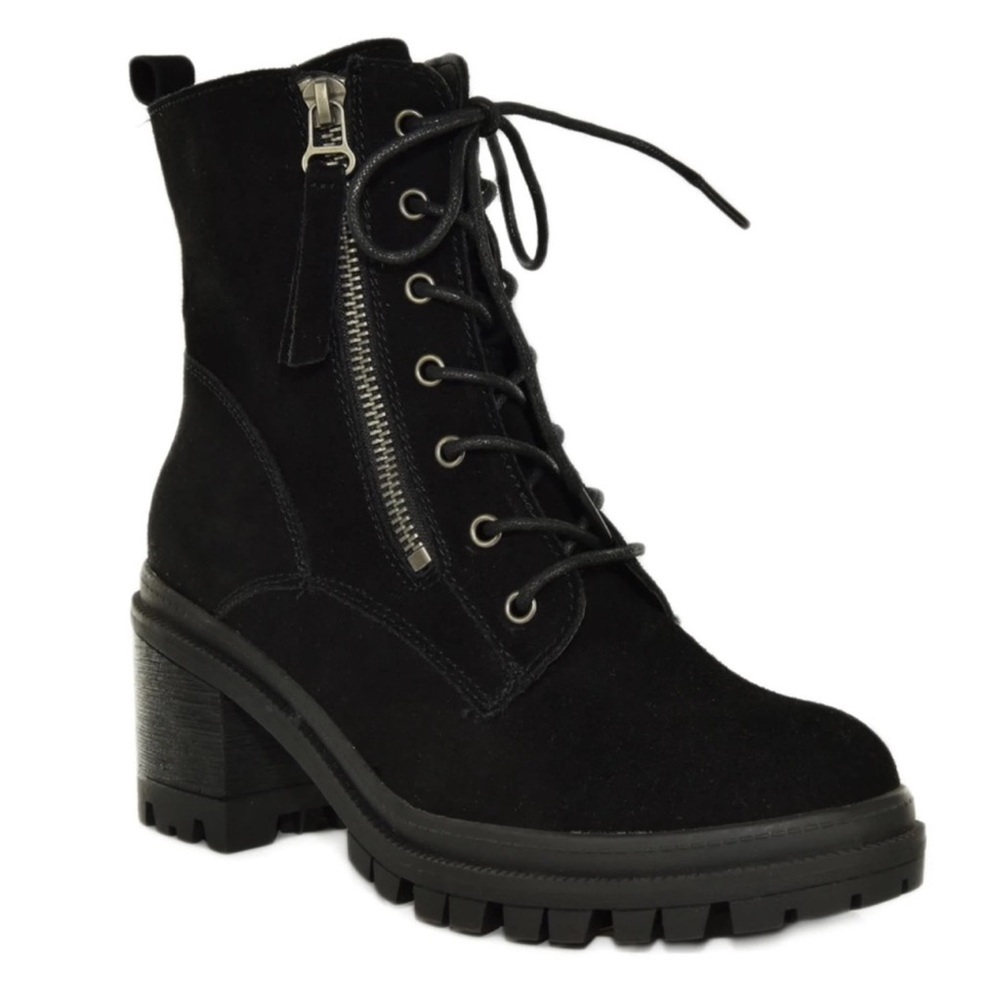 NEW Combat Booties Suede Black Leather Lace-Up Zip Lugsole Ankle Boots